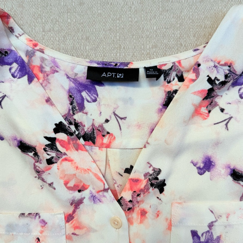 Apt 9 Floral Rose Button Up Blouse Purple White Pink Long Sleeve M - Picture 5 of 8